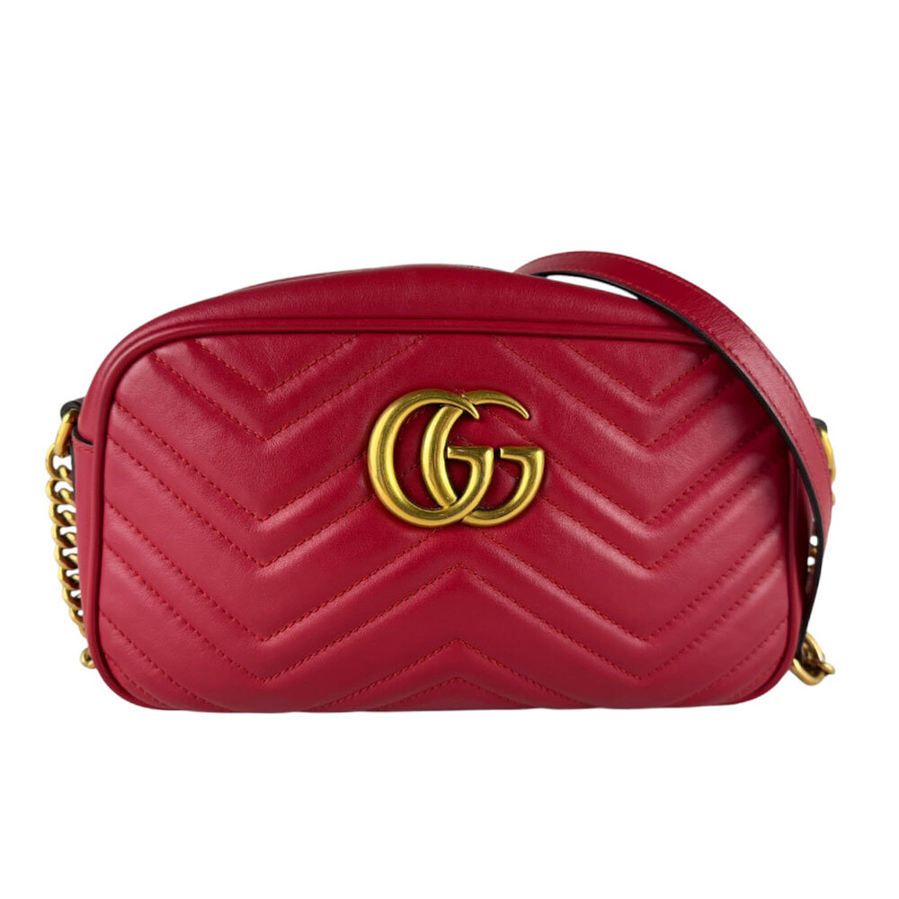 GUCCI Authentic Red Leather GG Marmont Shoulder Bag
